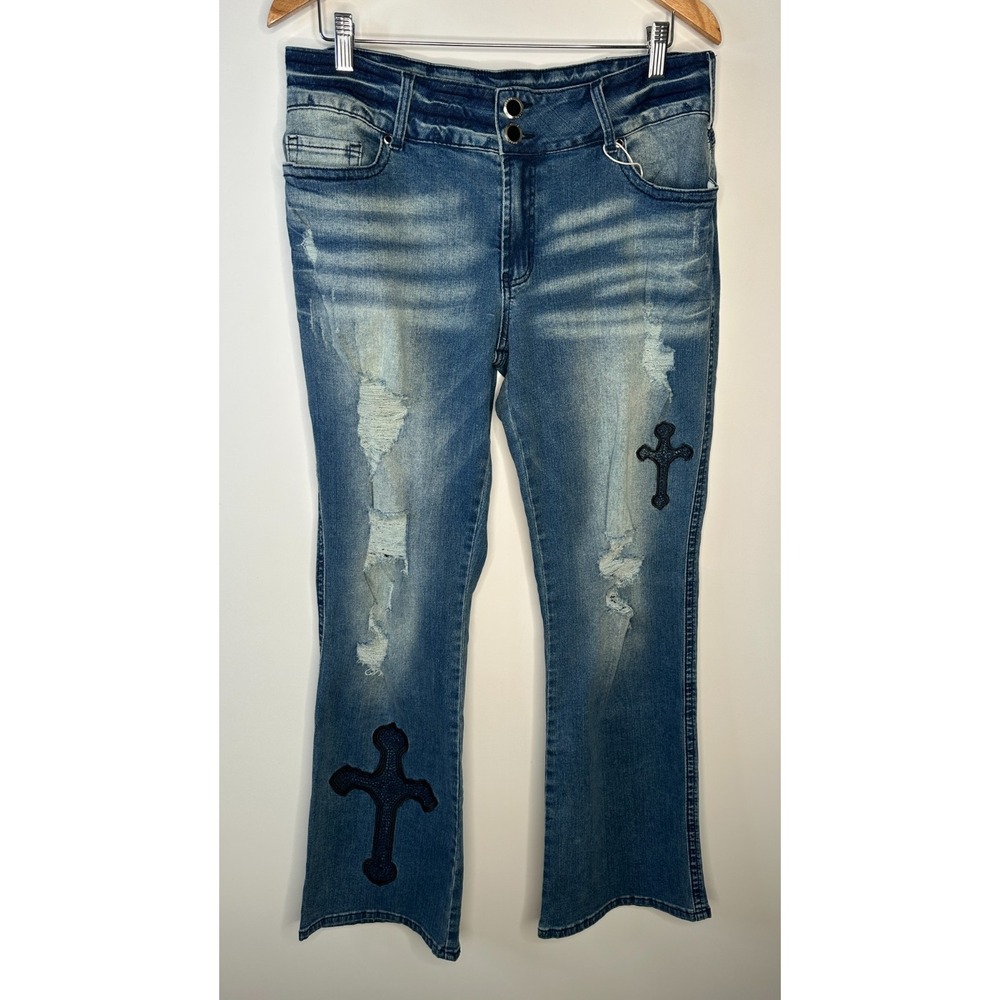 FLAMINGALS Cross Embroidery Ripped Double Button Mid Rise Bootcut Jeans 2XL - Picture 2 of 15